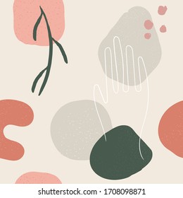 Abstract hand drawn bohemian seamless pattern. Paint background in pastel colors with face, hand, leaves. Design for poster, card, invitation, placard, brochure, flyer. Vector. Isolated.
