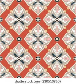 Resumen Estilo Boho Estilo Damasco Étnico Diseño de vectores sin inconvenientes Colores de moda a la moda Perfecto para la impresión de tela de Allover o envolver papel Tonos de color crudo coral
