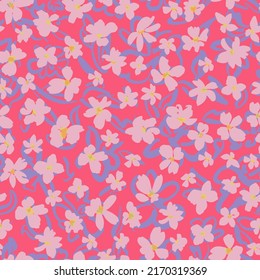 Abstract hand drawn botanical elements over ditsy flowers seamless repeat pattern. Random placed, vector florals all over surface print on pink background.