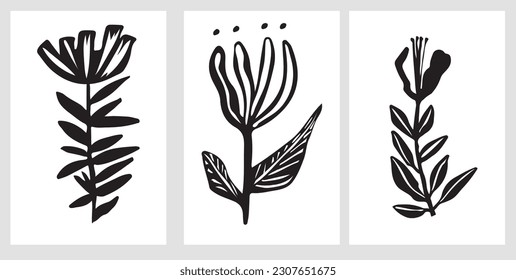 abstract hand drawn botanical plants posters with papercut floral elements