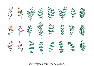 Resumen de ramas botánicas dibujadas a mano, plantas y flores aisladas en blanco. Decoración minimalista orgánica de doodle de vegetación floral conjunto de elementos para invitaciones de boda, diseño de tarjetas de felicitación.