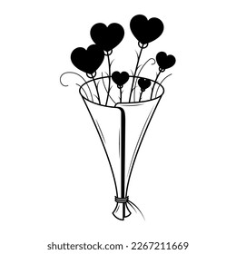 Abstract Hand Drawn Bouquet Of Flowers From Hearts Doodle Concept Vector Design Outline Style On White Background Isolated Letter, Message, Mail, Cards, Posters