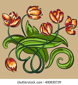 Abstract hand drawn bouquet with red tulips. Linear sketch.