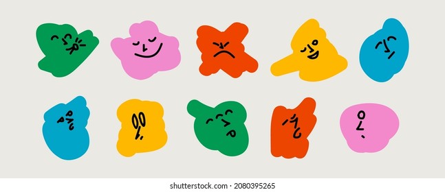 Abstract hand drawn bright colored emoji set or sticker pack isolated on white background. Vector illustration