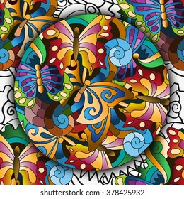 Abstract hand drawn bright seamless vector pattern of doodle images of butterflies on black and white background.
