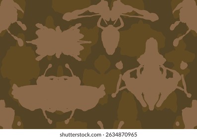 Abstracte handgetekende bruine camouflage denkbeeldige insecten en bladeren naadloos patroon, etnische en tribale blokprint achtergrond, eenvoudige grafische natuur voor textiel, decoratie, inpakpapier