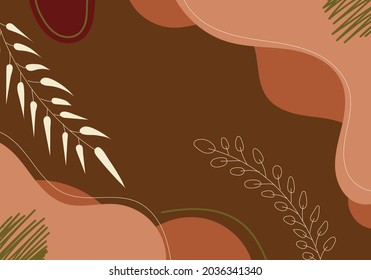 Abstract hand drawn brown organic shape with leaves lines on white background. Vector illustration