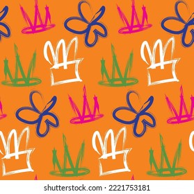 Abstract Hand Drawn Brush Graffiti Shapes Seamless Pattern Perfect for Allover Fabric Print or Wrapping Paper Orange Background