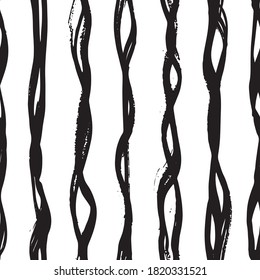 Abstract hand drawn brush pen wavy line pattern. Seamless irregular geometric vector vertical stripe on white background. Appropriate for modern products, packaging, graphic projects, concept design.