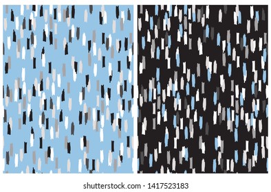 Abstract Hand Drawn Brush Stripes Vector Patterns Set. Gray, Black and White Stripes on a Blue Backgrounds. Blue, Gray  and White Brush Lines on a Black Layout. Irregular Geometric Repeatable Design.