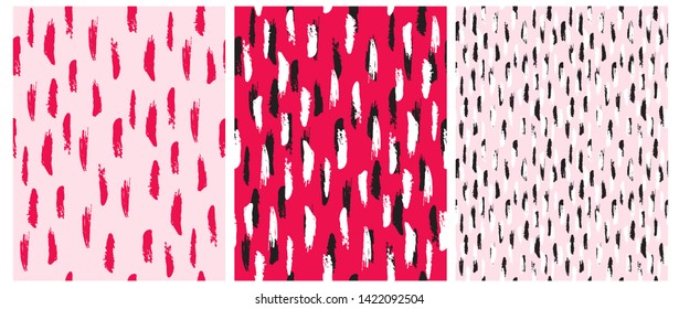 Abstract Hand Drawn Brush Stripes Vector Patterns. Pink, Red, Black and White Stripes on a Light Pink and Red Backgrounds. Irregular Geometric Repeatable Vector Design for Fabric, Wrapping Paper.