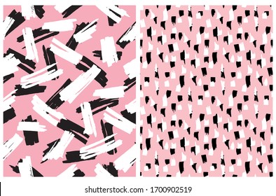 Abstract Hand Drawn Brush Stripes Vector Patterns. Black, Pink and White Leopard Skin Print. Freehand Stripes on a Pink Background. Irregular Geometric Repeatable Wild Animal Skin Vector Design.