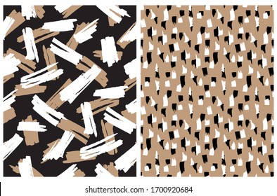 Abstract Hand Drawn Brush Stripes Vector Patterns. Black, Brown and White Leopard Skin Print. Freehand Stripes on a Brown Background. Irregular Geometric Repeatable Wild Animal Skin Vector Design.