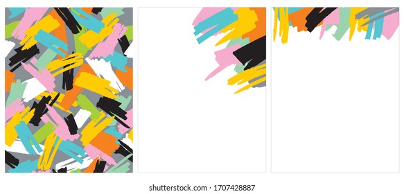 Abstract Hand Drawn Brush Stripes Vector Pattern and 2 Layouts. Colorful Splashes on a White Background. Freehand Print. Irregular Geometric Backdrop. Multicolor Funny Seamless Pattern and 2 Blanks.