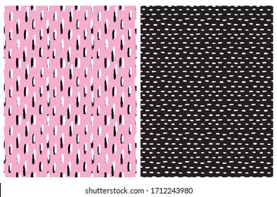 Abstract Hand Drawn Brush Stripes Vector Patterns. Black and White Stripes on a Pink and Black Backgrounds. Irregular Geometric Repeatable Vector Design for Textile, Wrapping Paper.