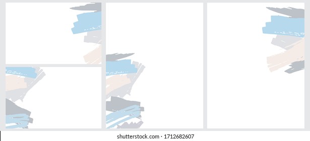 Abstract Hand Drawn Brush Stripes Vector Layouts. Gray, Pale Blue and Light Brown Splashes on a White Background. Freehand Print. Irregular Geometric Backdrop. Pastel Color Vector Blanks with no Text.