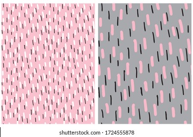 Abstract Hand Drawn Brush Stripes Vector Patterns. Pink, Black and White Stripes on a Light Pink and Gray Background. Irregular Geometric Repeatable Vector Design for Textile, Wrapping Paper.