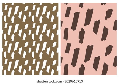 Abstract Hand Drawn Brush Stripes Vector Patterns. Brown and White Stripes on a Blush Pink and Brown Background. Irregular Geometric Repeatable Vector Design for Textile, Wrapping Paper. Spot Print.