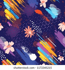 Abstract hand drawn brush stroke shapes seamless pattern texture. Style art with blue background.