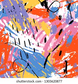 Abstract hand drawn brush stroke shapes seamless pattern texture Speed style art with blue red background