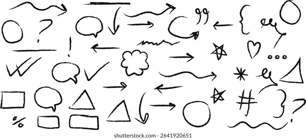 abstract hand drawn brush stroke arrow, underline, circle star, check mark, heart, scribble texture vector illustration.