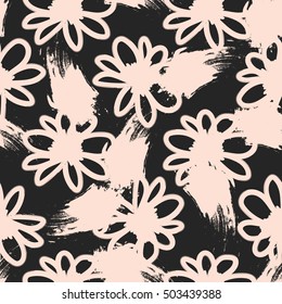 Abstract hand drawn brush stroke shapes seamless pattern texture with flowers