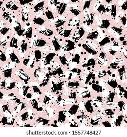 Abstract hand drawn brush strokes and paint splashes textures, seamless pattern