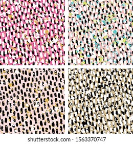 Abstract hand drawn brush strokes and paint splashes textures, set of seamless patterns