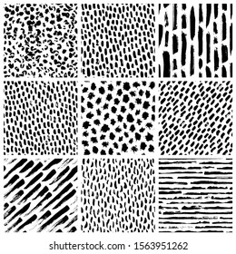 Abstract hand drawn brush strokes and paint splashes textures, set of seamless patterns