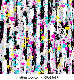 Abstract hand drawn brush strokes and paint splashes textures, seamless pattern