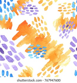 Abstract hand drawn brush strokes and paint splashes textures, seamless watercolor yellow, violet and blue pattern