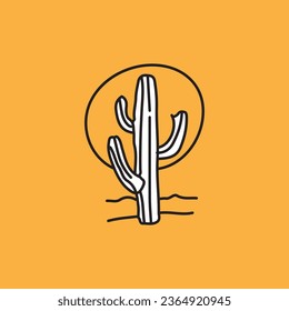 Abstract hand drawn cactus with sun vector art isolated on yellow background