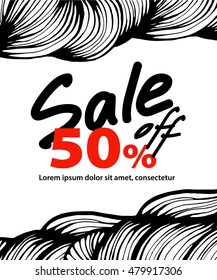 Abstract hand drawn calligraphic sale tags poster. Vector waves hand drawn background. Vector doodle style waves with hairs, waves and clouds ornament background. Place for your text.