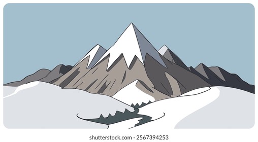 Abstract hand drawn cartoon vector illustration of snowy mountain landscape with snowbound foothills and snowcapped mount peaks. Flat graphic sketch concept for winter nature scenery or hiking tourism