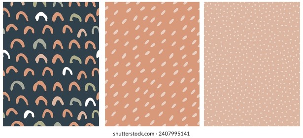 Abstract Hand Drawn Childish Drawing-like Vector Patterns. Arcs, Tiny Circles and Spots on a Beige, Pale Black and Terra Cotta Brown Background. Modern  Irregular Geometric Seamless Pattern.