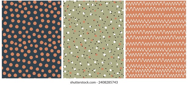 Abstract Hand Drawn Childish Drawing-like Vector Patterns. White Zig Zags, Brown Dots and Tiny Spots on a Green, Pale Black and Terra Cotta Background. Modern  Irregular Geometric Seamless Pattern.