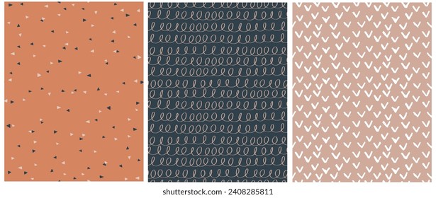 Abstract Hand Drawn Childish Drawing-like Vector Patterns. White lines with Loops, Triangles and Spots on a Beige, Pale Black and Terra Cotta Background. Modern  Irregular Geometric Seamless Pattern.