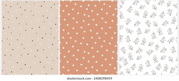 Abstract Hand Drawn Childish Drawing-like Vector Patterns. Zig Zags, Tiny Dots and Twigs on a White, Beige and Terra Cotta Brown Background. Modern  Irregular Geometric and Floral Seamless Patterns.