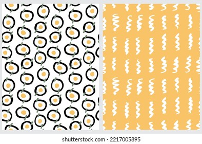 Abstract Hand Drawn Childish Seamless Vector Patterns. White Waves on a Yellow Background. Black Circles, Yellow Dots and Green Lines on a White. Modern Geometric Pattern. Irregular Freehand Print.