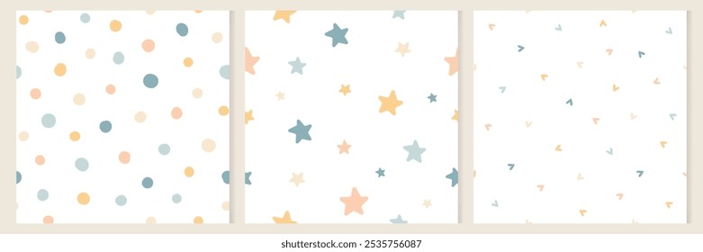 Mão abstrata desenhada infantil padrões de vetor sem emenda com estrelas pastel, pontos e corações em um fundo branco. Moderno Irregular Geométrico, Corações Minúsculos e Padrões Sem Costura Estrelada.