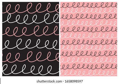 Abstract Hand Drawn Childish Style Seamless Vector Patterns. White and Pink Lines with Loops Isolated on a Black Background. Black and White Loops on a Pink Layout. Infantile Style Geometric Prints.