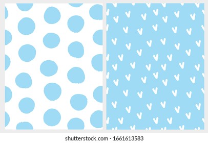 Abstract Hand Drawn Childish Style Seamless Vector Patterns. White Approve Sign Isolated on a Light Blue Backgrounds. Big Blue Polka Dots on a White Layout. Simple Geometric Irrgeular Vector Prints.