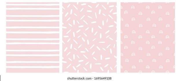 Abstract Hand Drawn Childish Style Seamless Vector Patterns. White Arches, Stripes and Spots on a Various Pink Backgrounds. Simple Irregular Geometric Vector Prints. Pastel Color Design.
