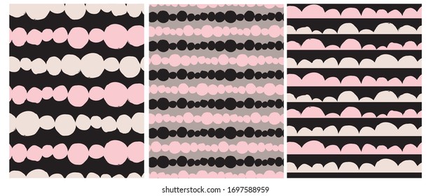 Abstract Hand Drawn Childish Style Seamless Vector Patterns. Light Beige and Pink Waves and Dots on a Black and Brown Background. Simple Geometric Repeatable Print. 
