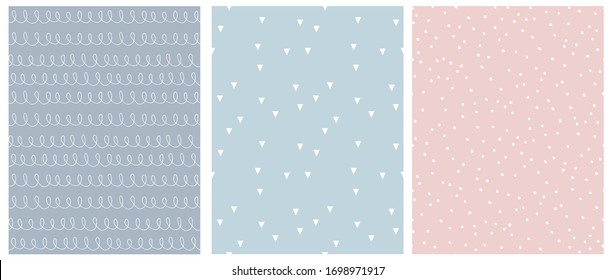 Abstract Hand Drawn Childish Style Seamless Vector Patterns. White Lines with Loops, Tiny Triangles and Little Polka Dots Isolated on a Blue, Pink and Gray Backgrounds.Simple Geometric Print.