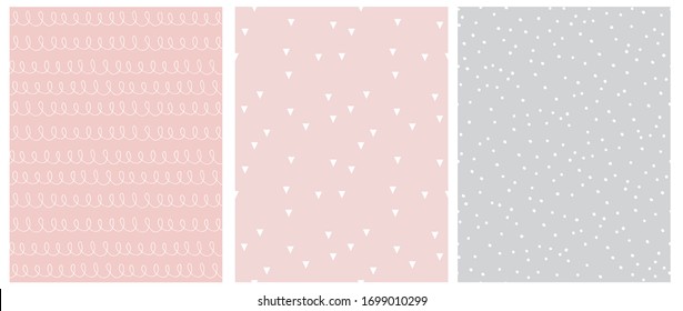 Abstract Hand Drawn Childish Style Seamless Vector Patterns. White Lines with Loops, Tiny Triangles and Little Polka Dots Isolated on a Various Pink and Light Gray Backgrounds.Simple Geometric Print.
