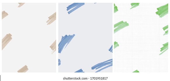 Abstract Hand Drawn Childish Style Vector Patterns and Layouts. Green Scribbles Isolated on a Gray Grid Isolated on a White Background. Repeatable Print with Blue and Gold Hand Drawn Brush Dabs.