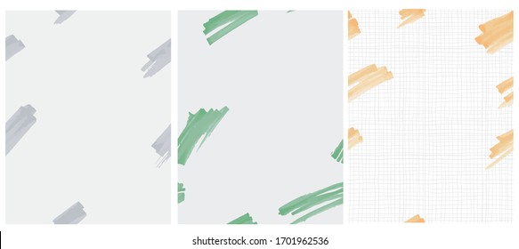 Abstract Hand Drawn Childish Style Vector Patterns and Layouts. Yellow Scribbles Isolated on a Gray Grid Isolated on a White Background. Repeatable Print with Gray and Green Hand Drawn Brush Dabs.