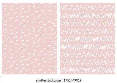 Abstract Hand Drawn Childish Style Vector Patterns. White Waves and Arches Isolated on a Light Dusty Pink Backgrounds. Modern Geometric Seamless Pattern. Irregular Freehand Print.