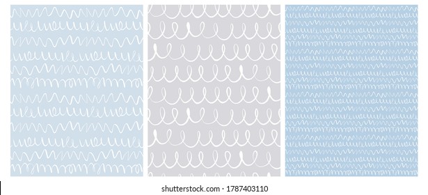 Abstract Hand Drawn Childish Style Vector Pattern Set. White Waves, LInes with Loops and Wavy Lines Isolated on a Light Blue and Gray Backgrounds. Modern Irregular Geometric Seamless Pattern. 